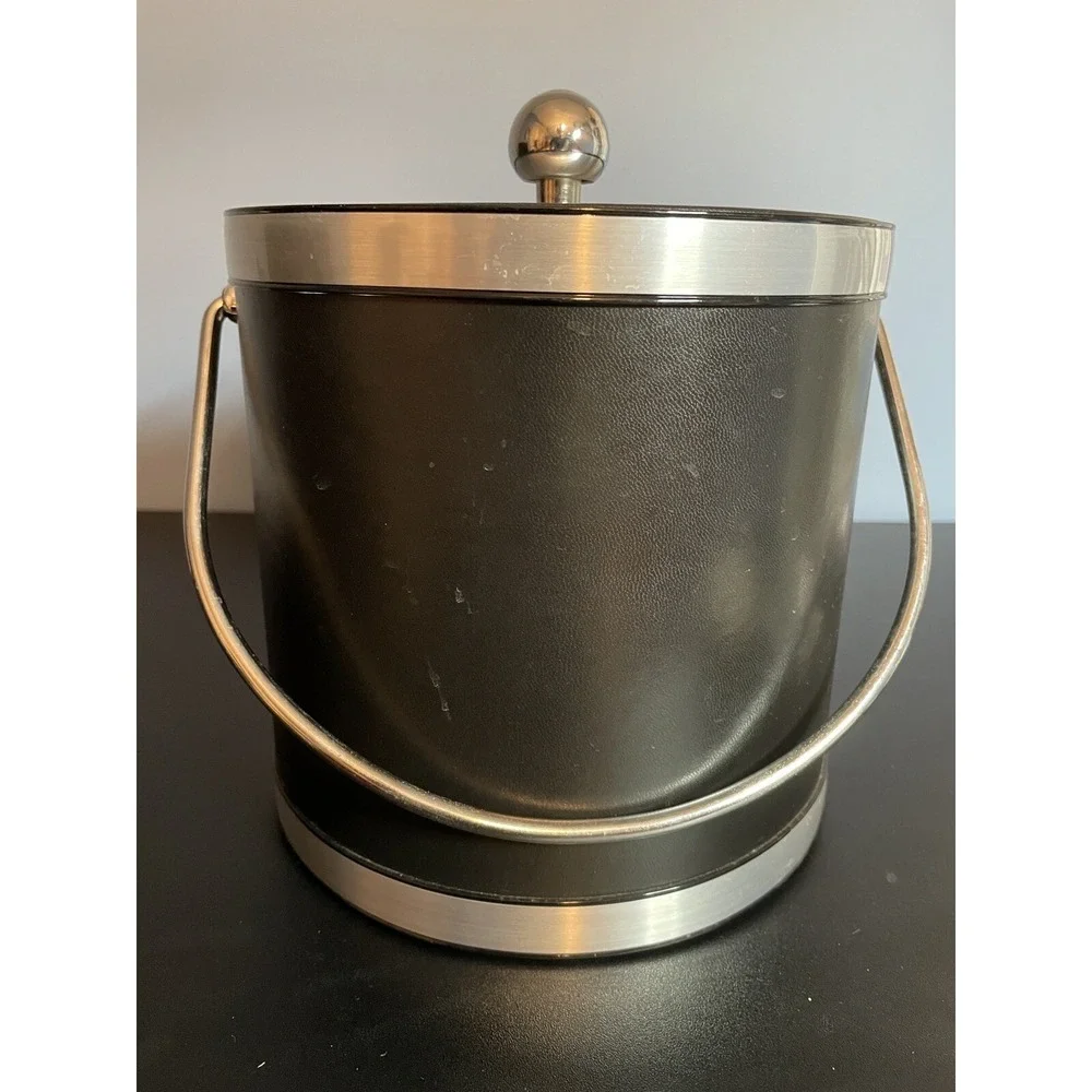 Kraftware Black Faux Leather Chrome Steel Ice Bucket Madmen Bar Cocktails